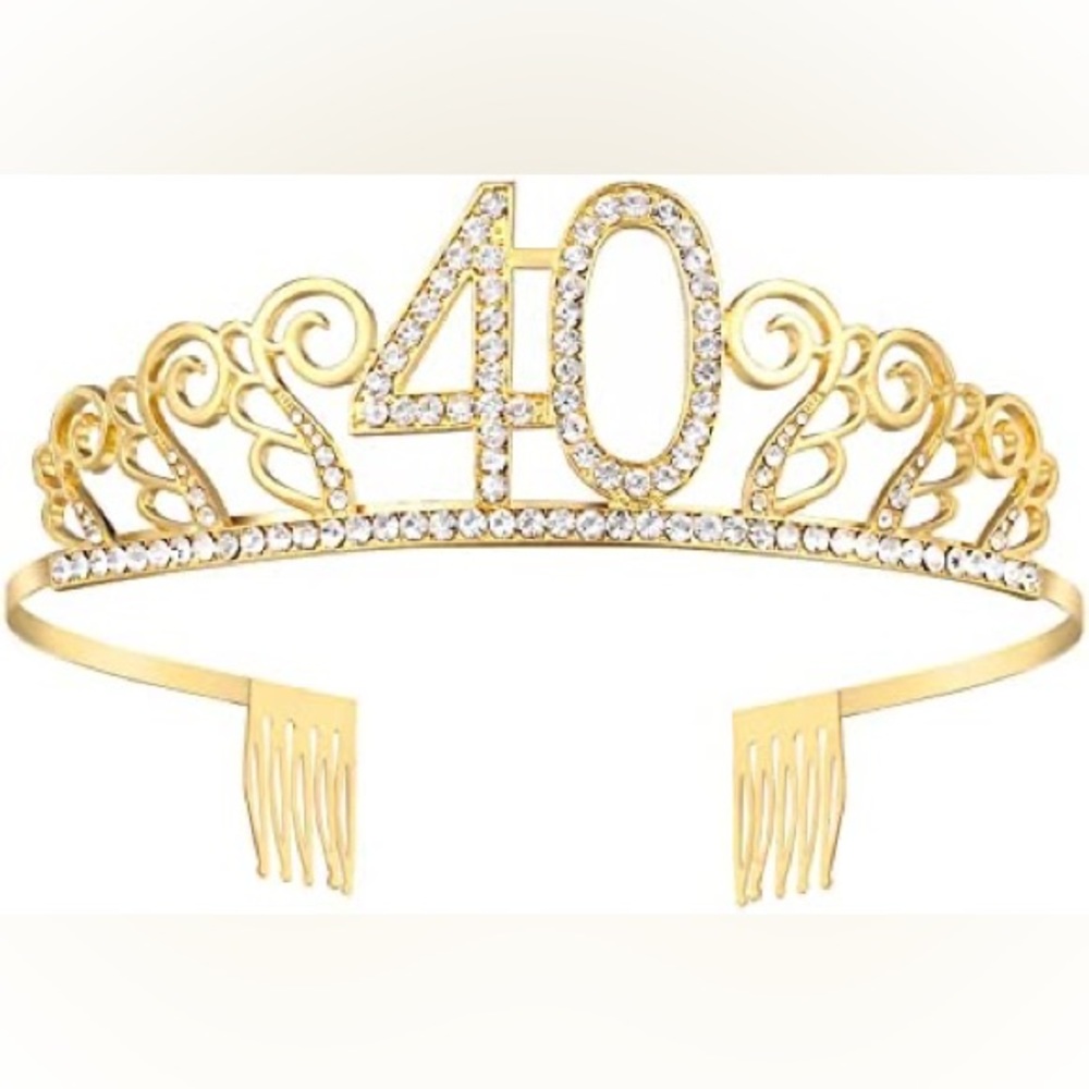 Gold Tone Metal 40th Birthday Tiara with Rhinestones Halloween